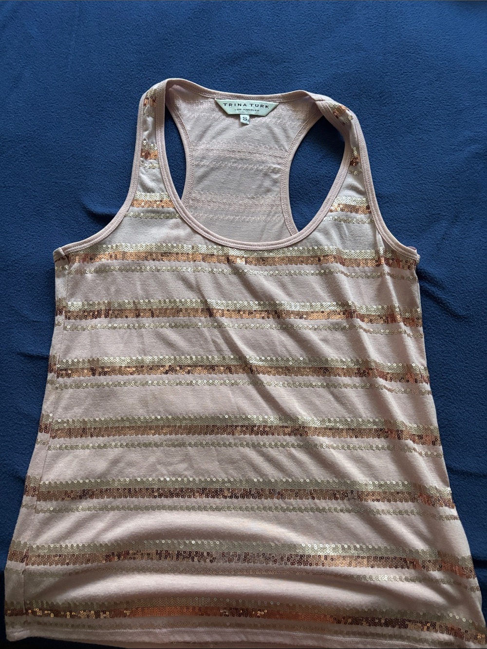 Trina Turk Blush Pink Sequin Striped Racerback Tank